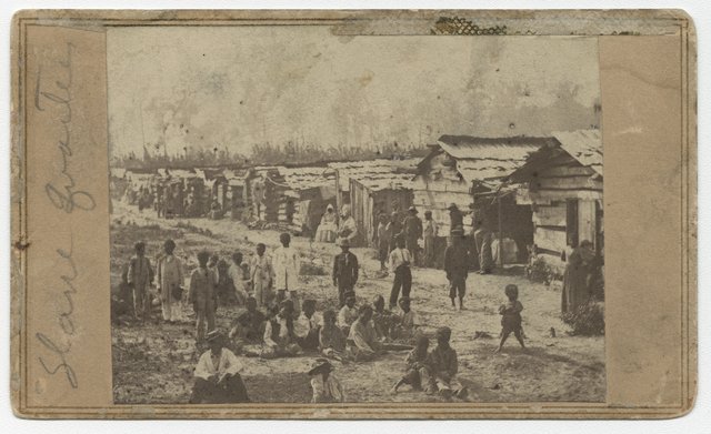  Enslaved people and their homes, Helena, Arkansas, 1864. This photograph was taken while Sixth Minnesota Volunteers were camped in Helena.    Photograph by T. W. Bankes.  